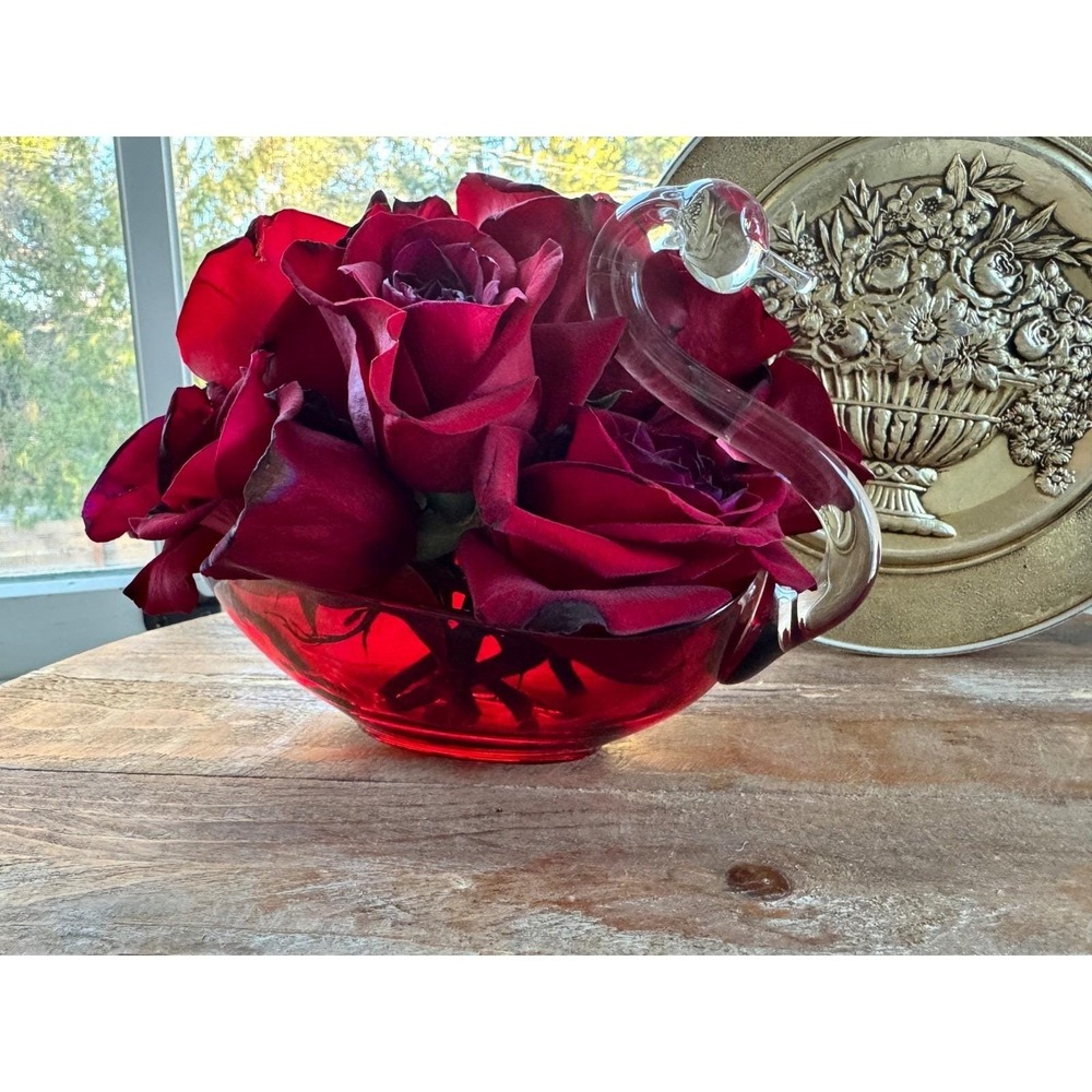 Red Swan Decorative Bowl, Art glass, Hand Blown, murano style, candy dish